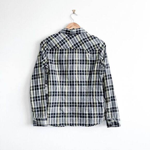 Vans Womens Button Down Shirt Ruffled Sparkle Plaid Yellow Black Medium NWT - Picture 2 of 9